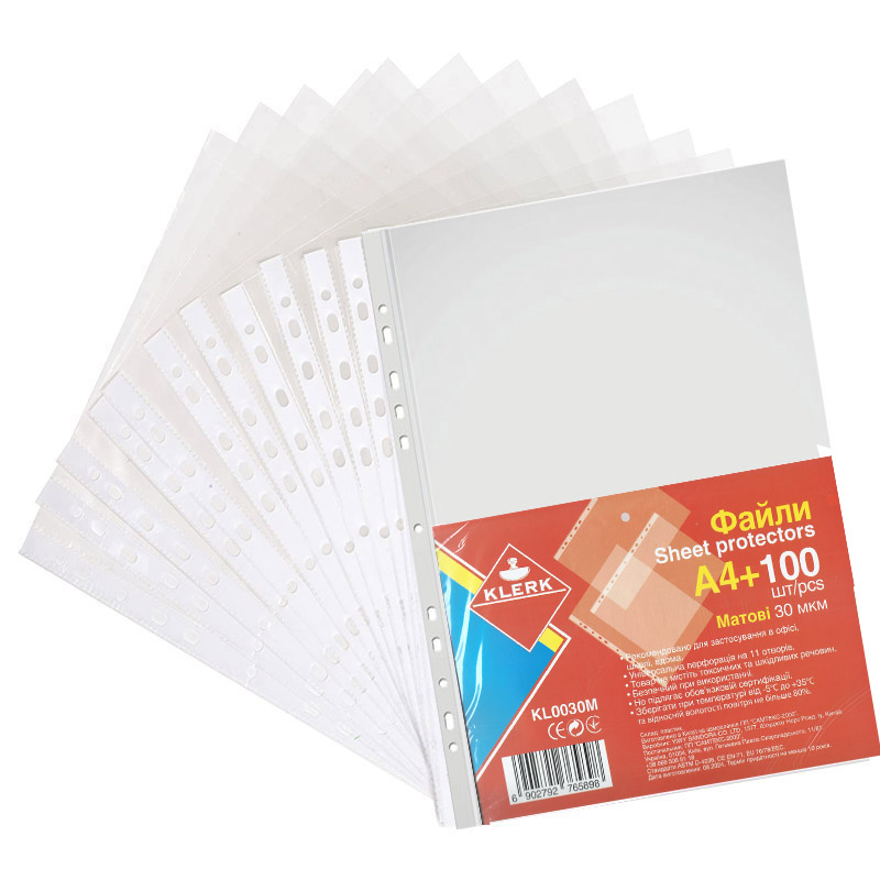 Файли для документів KLERK (KL0030М) А4+, PP 30 мкм, матові прозорі, 100 шт.